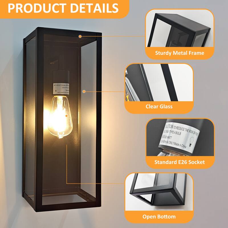 Modern Outdoor Wall Lanterns,with Rectangular Metal & Glass Sconce, Waterproof Exterior Wall Light for Patio/Front Door/Garden
