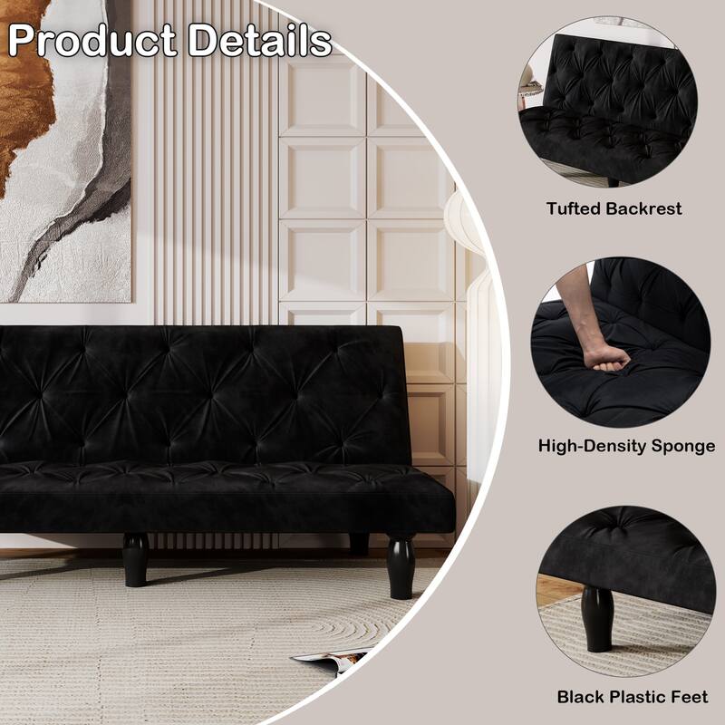66" Black Velvet Sofa Bed Transforms Seamlessly
