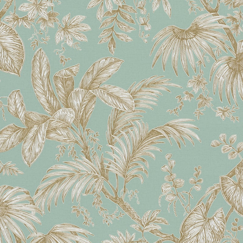 Galerie Wallcoverings Large Palm Leaves And Stems Vinyl on Non-woven Wallpaper Roll - 33 feet x 21 inches - Soft Green/Gold
