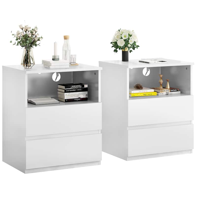 Nightstand with Charging Station, Sofa Side Table with Open Shelves & 2 Drawers, Large Capacity Wood Storage Cabinet