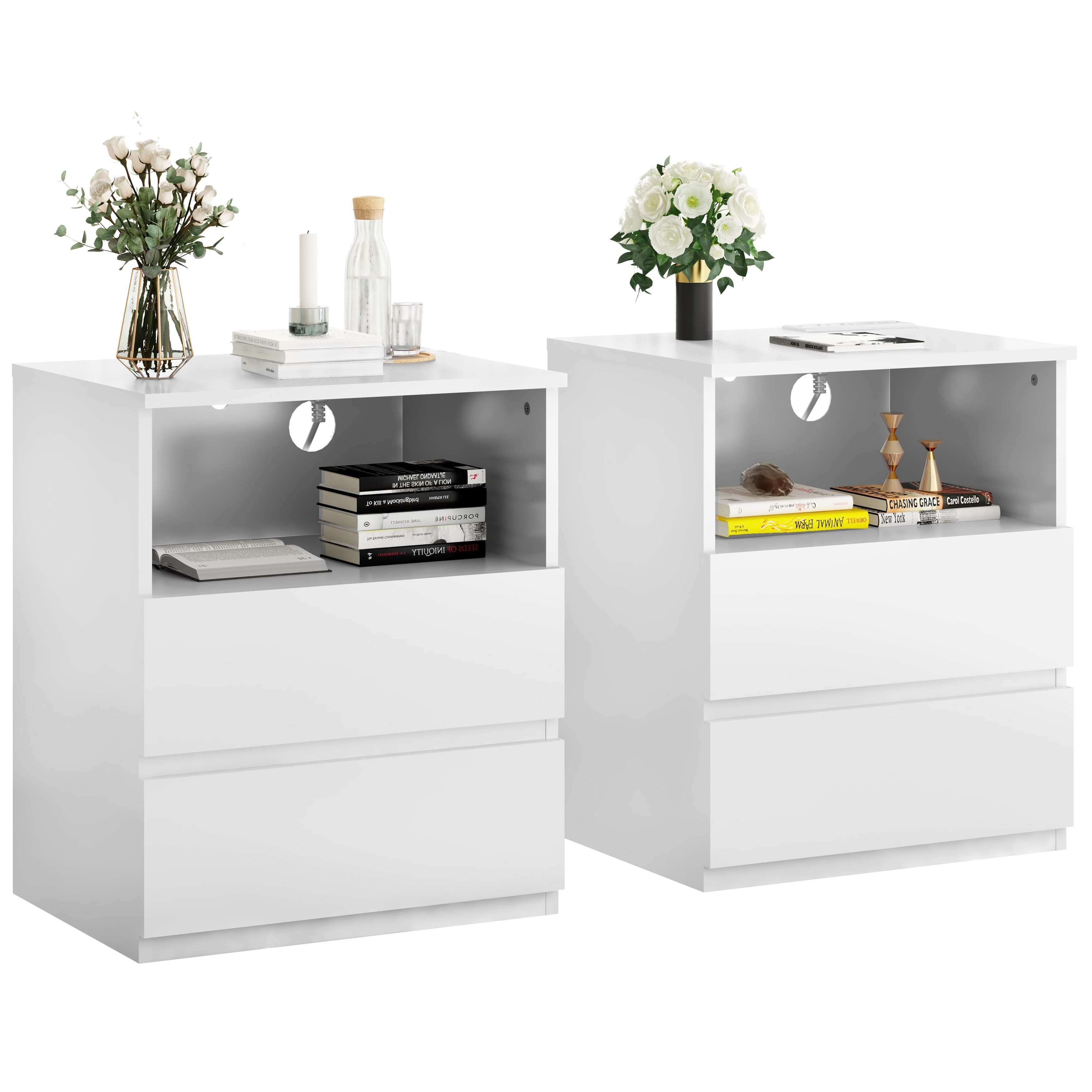 Set of 2 Modern Storage Nightstands with Charging Station USB C 2 Drawers by GDFStudio
