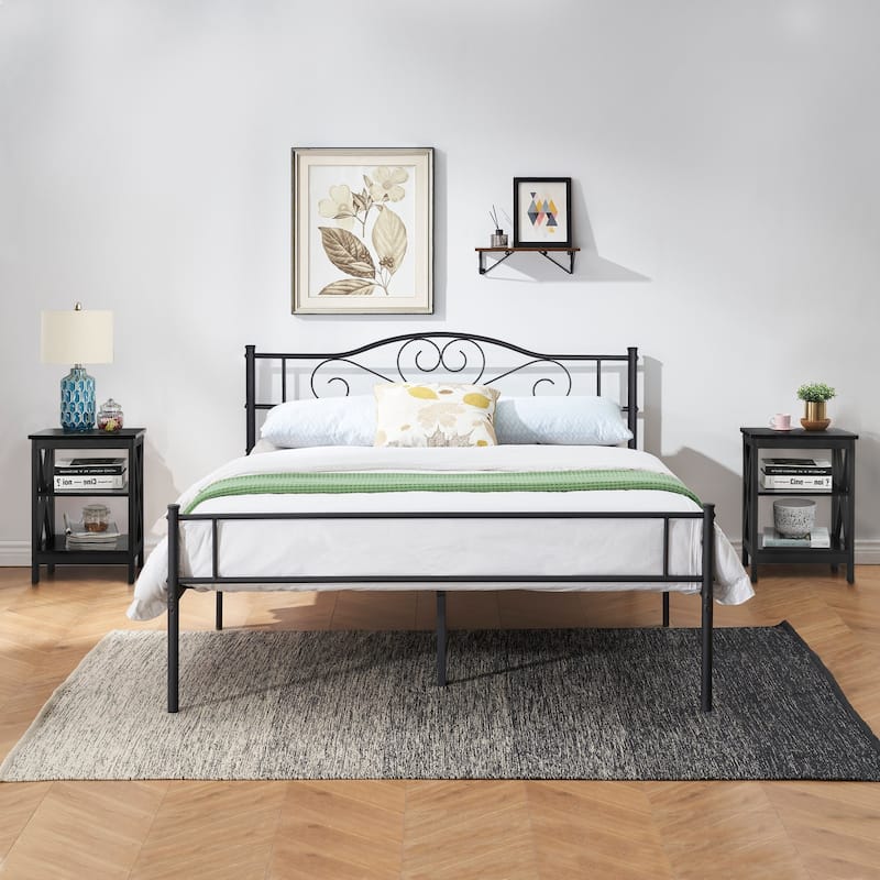 Taomika 3-Pieces Bed Frame and Modern Nightstands Sets - Black - Queen