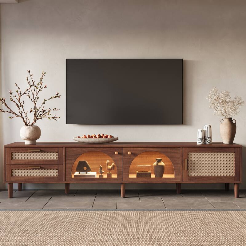Retro 86" TV Stand for TVs up to 90", Entertainment Center with LED Lighting, 2 Drawers, Rattan Media Console with Glass Door