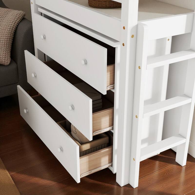 Twin Size Rubber Wood Loft Bed with Pull-Out Desk, Drawer Cabinet, and Shelf Storage, Safety Guardrails and Ladder