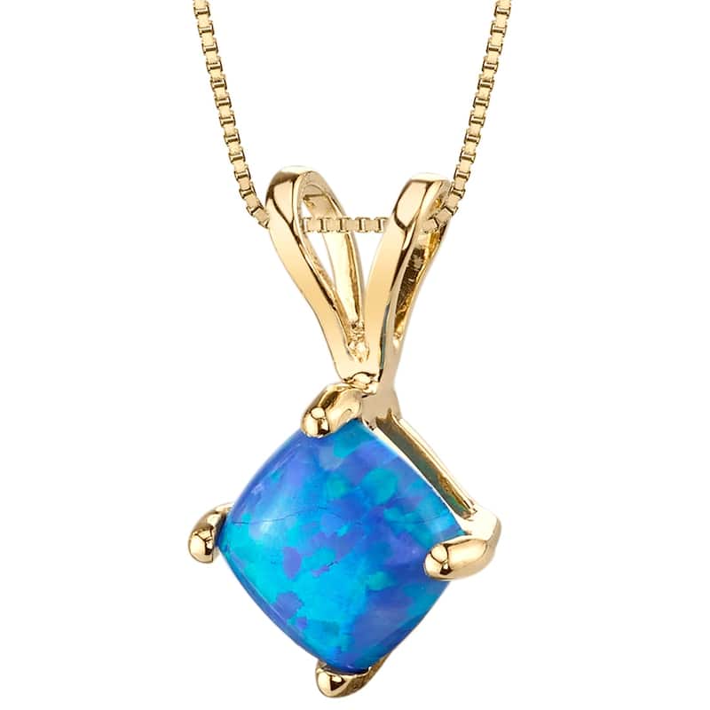14k Yellow Gold Gold Cushion Cut Created Blue Opal Pendant