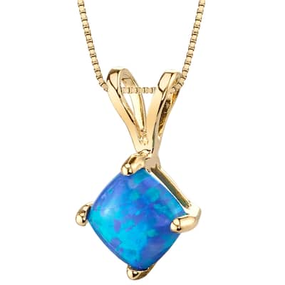 14k Yellow Gold Gold Cushion Cut Created Blue Opal Pendant