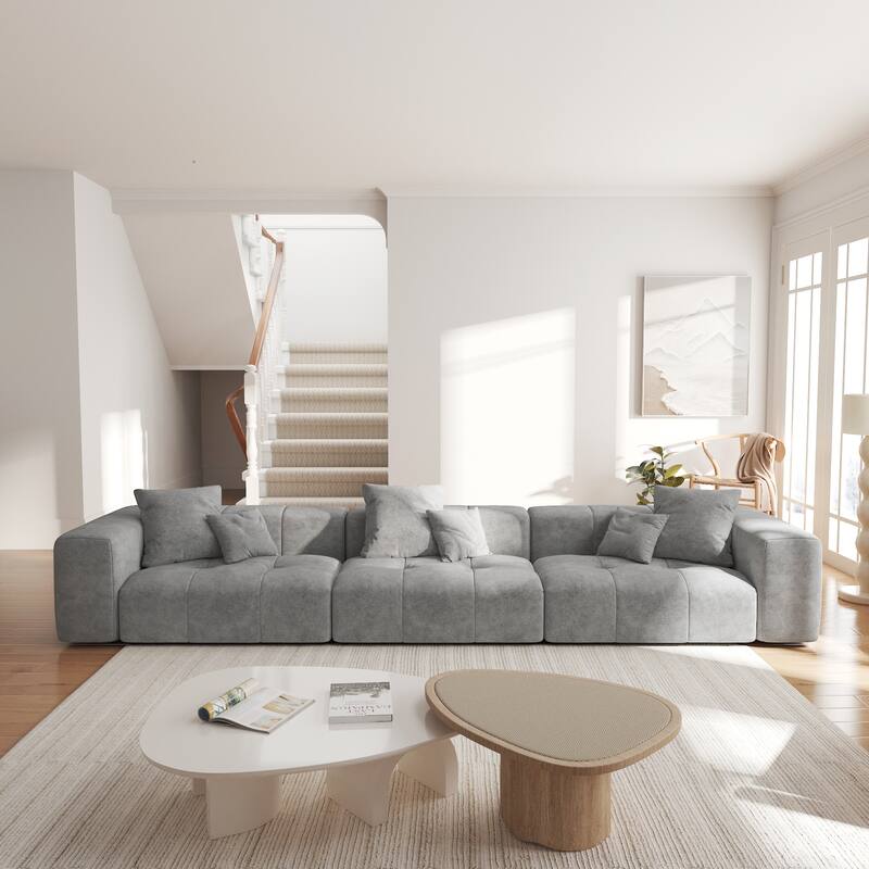 144.17" Linen Sectional Sofa 3-Seater Modular Couch with Pillows for Living Room