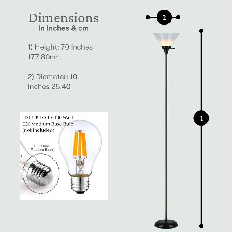 Black Floor Lamp with Opal White Cone Shade - 70 Inches 10 Inches