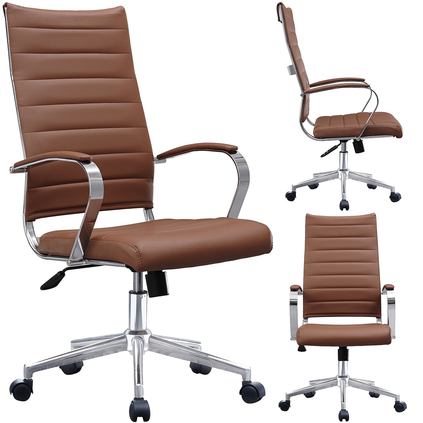 Modern High Back Office Chair Ribbed PU Leather Swivel For Conference Room Computer Desk Visitor