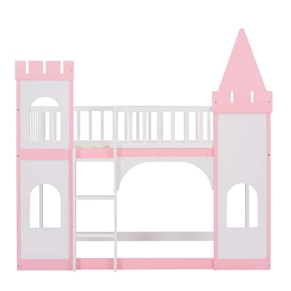 slide 2 of 15, Fun Design Twin Over Twin Pink Castle Shape Bunk Beds, Kids Bunk Beds Pink