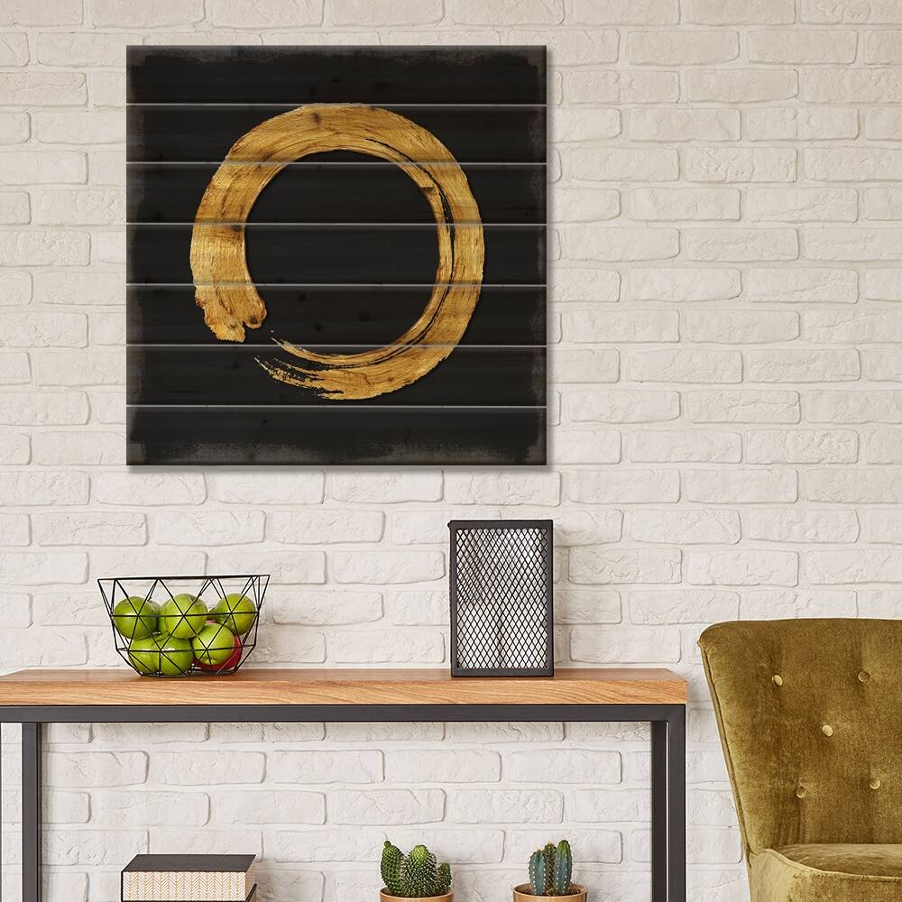 Gold Zen Circle On Black I Print On Wood by Ellie Roberts MultiColor
