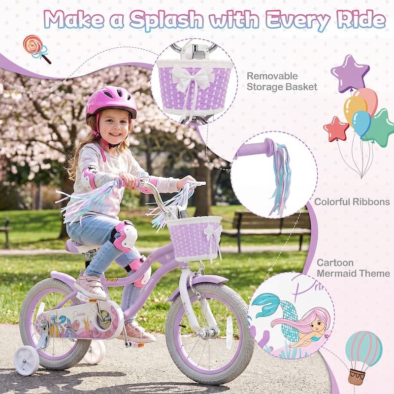 Gymax 14'' Kids Bike Toddler Bicycle w/ Training Wheels Hand & Coaster - Purple