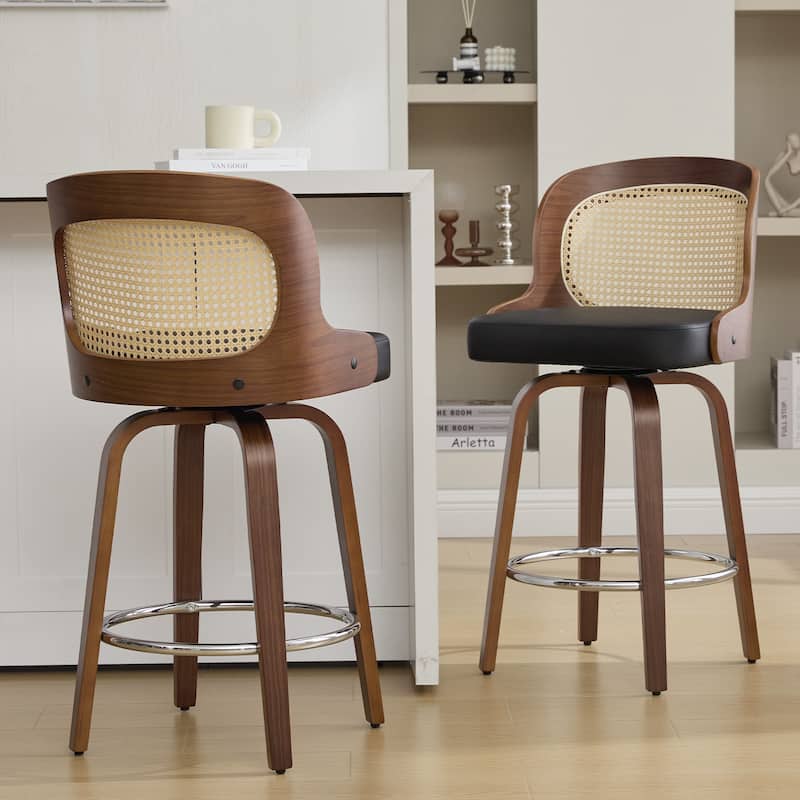 26" Upholstered Swivel Counter & Bar Stool with Rattan Back - 37.4"H x 19.09"W x 19.88"D