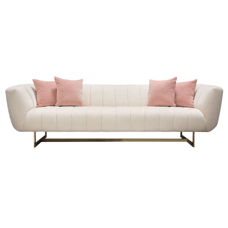 Eva Sofa with 4 Pink Accent Pillows, Cream and Gold Metal Base 98 Inch