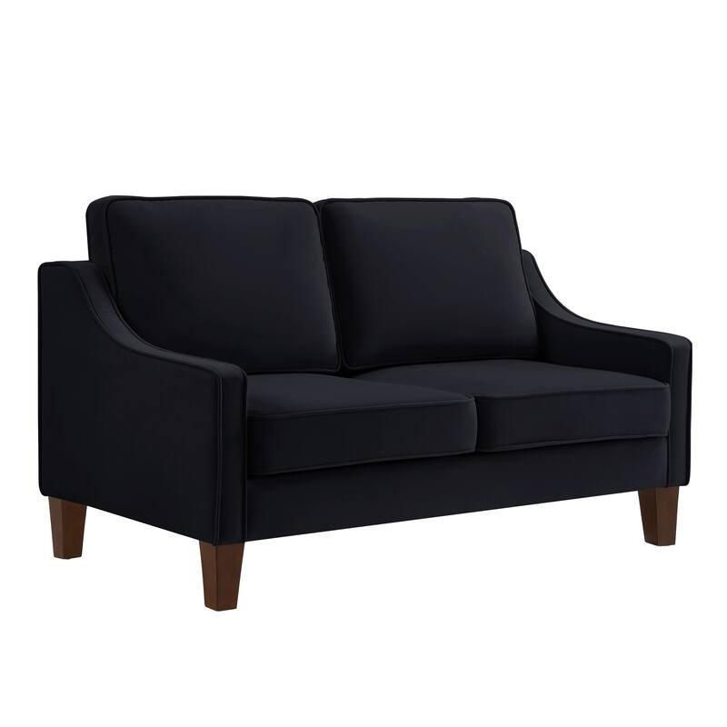 Black Upholstered Velvet Cushion Sofa with Wooden Legs, Loveseat Sofa with Square Armrests, 2 Seater Couch for Home Office