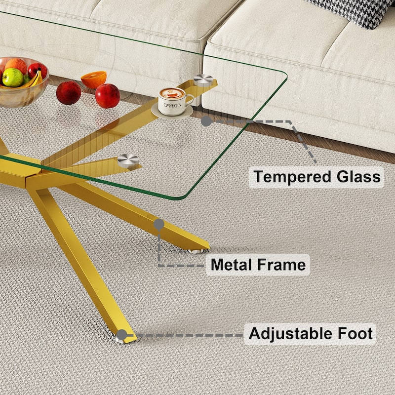 39.37" Rectangular Tempered Glass Coffee Table, Stylish Design with Metal Legs, Coffee Table for Living Room