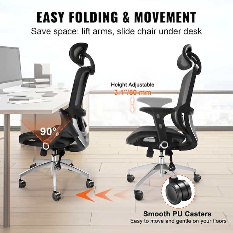 Black Mesh Ergonomic Office Chair 286 lbs Capacity w/ Headrest - N/A