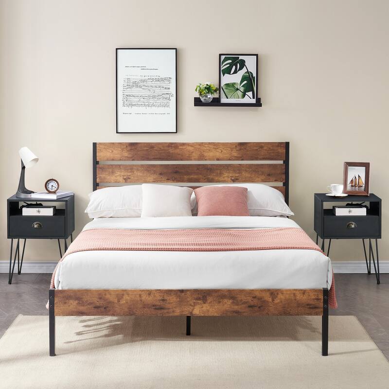 3-Pieces Bedroom Set with Rustic Brown Platform Bed Frame and Nightstands Set of 2