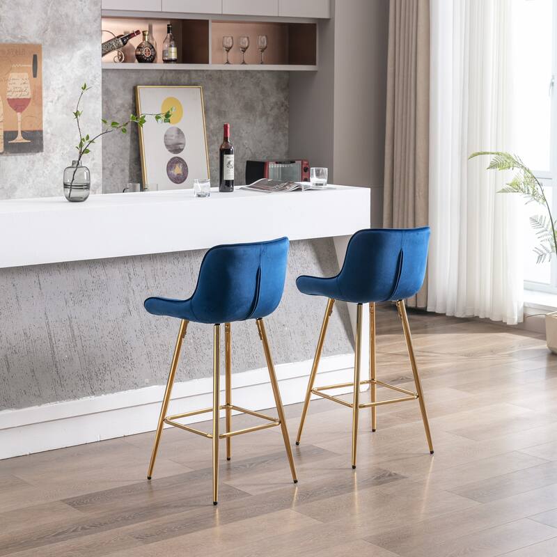 2 Bar Stools with Chrome Footrest Velvet Fabric Counter Stool Golden Leg Simple Bar Stool - N/A