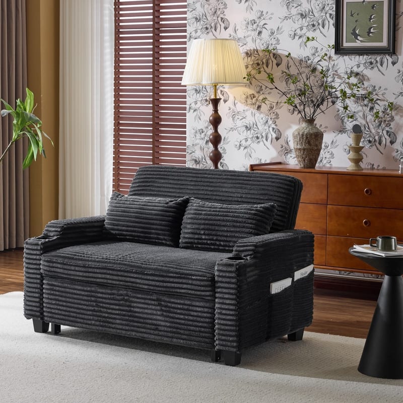 Upholstered Corduroy Convertible Reclining Sleeper Sofa Bed With Cushions For Small Spaces