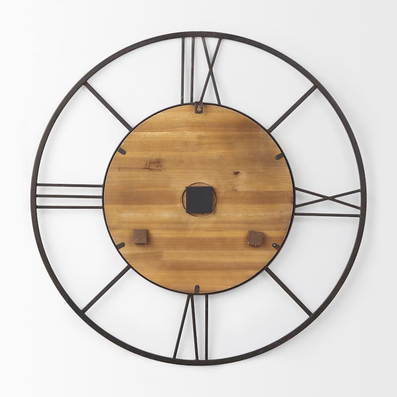 Brielle Black Iron And Brown Wood 30" Round Wall Clock - 29.9"W x 2"D x 29.9"H