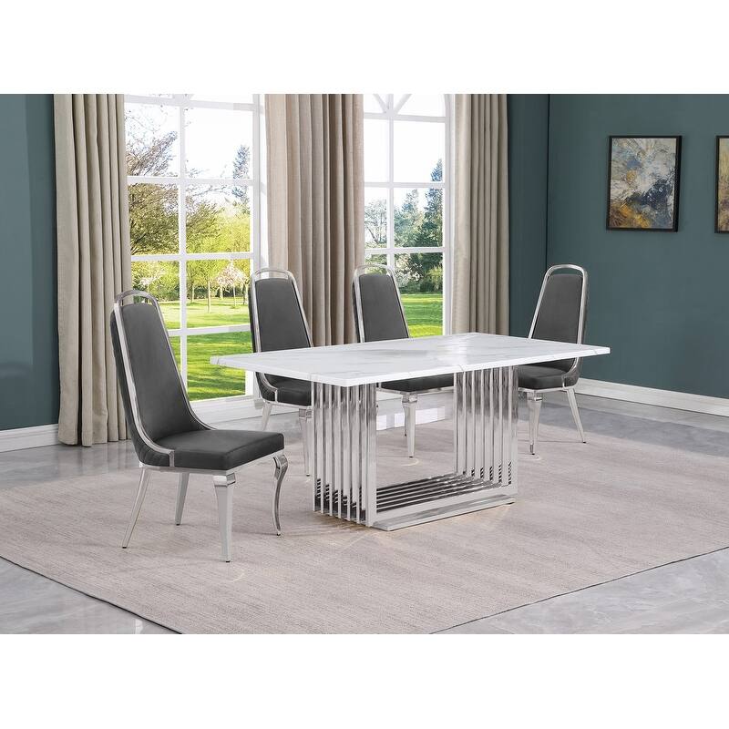 Best Quality Furniture D310/1-SC310-7 Dining Set with 68" White Marble Top - 5-Piece - Dark Grey / Silver