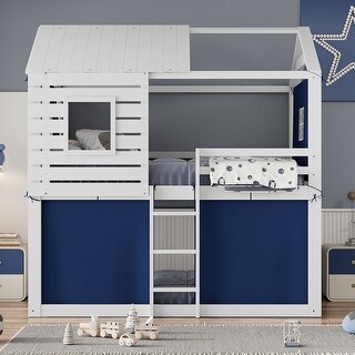 Pink & White Full Bunk House Bed with Tent - Fun & Functional for Kids