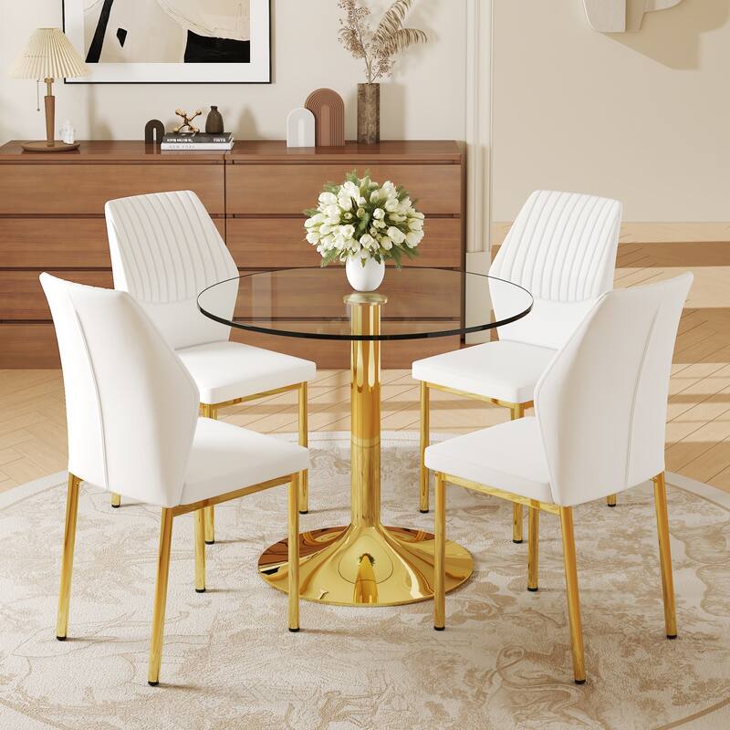 Table and chair set.A 35" Transparent Tempered Glass Round Dining Table-Gold Metal Bracket and Base.Paired with 4 WHITE - White