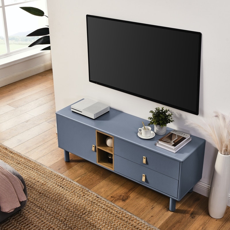 Modern Wood TV Cabinet with Doors TV Stands for Living Room TV Console Cabinet with Leather Handle White
