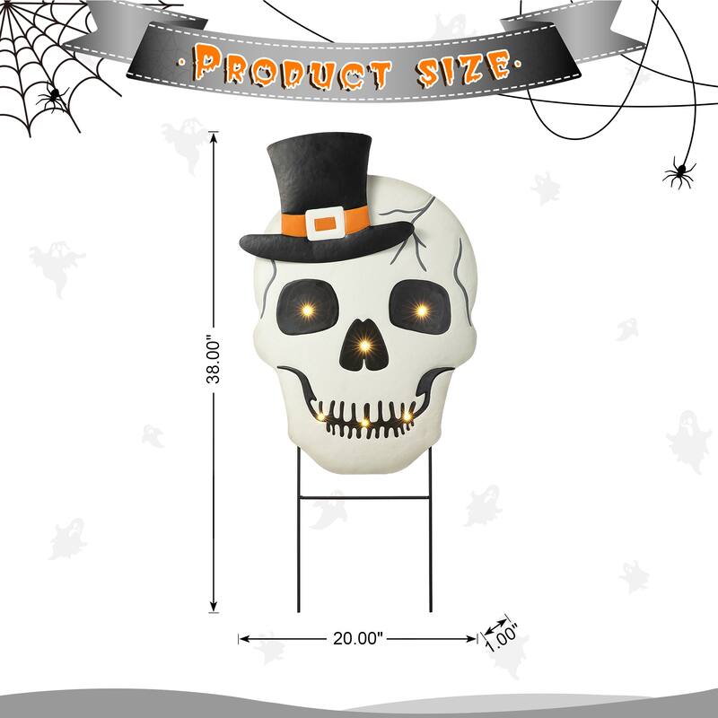 Glitzhome 38"H LED Lighted Halloween Metal Skull Yard Stake with Timer