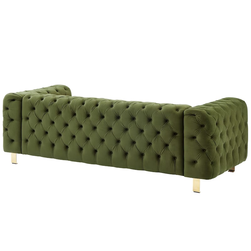 83.75" Velvet 3-Seater Sofa with Tufted Diamond Stitching, Gold Accents, and Iron Legs