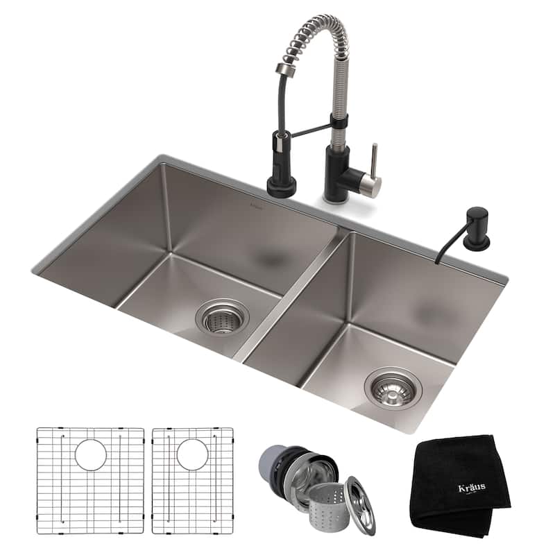 Kraus 3-in-1 Set Undermount Kitchen Sink, Pulldown Faucet, Dispenser - Stainless Steel/ Matte Black