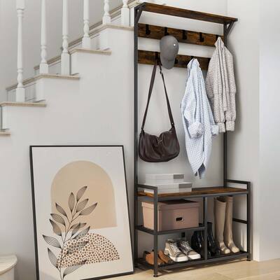 3-in-1 Coat Rack Hall Tree Shoe Bench Entryway Storage Shelf w/ Hooks