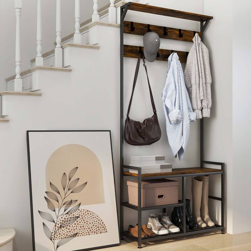 Costway 3-in-1 Coat Rack Industrial Hall Tree Shoe Bench Entryway - See Details