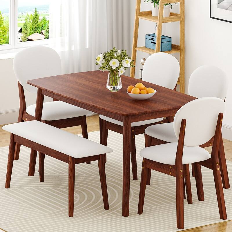 47''Dining Table Set For 6, Solid Wood Kitchen Table With Bench And 4 Chairs With upholstered Backrest - Walnut