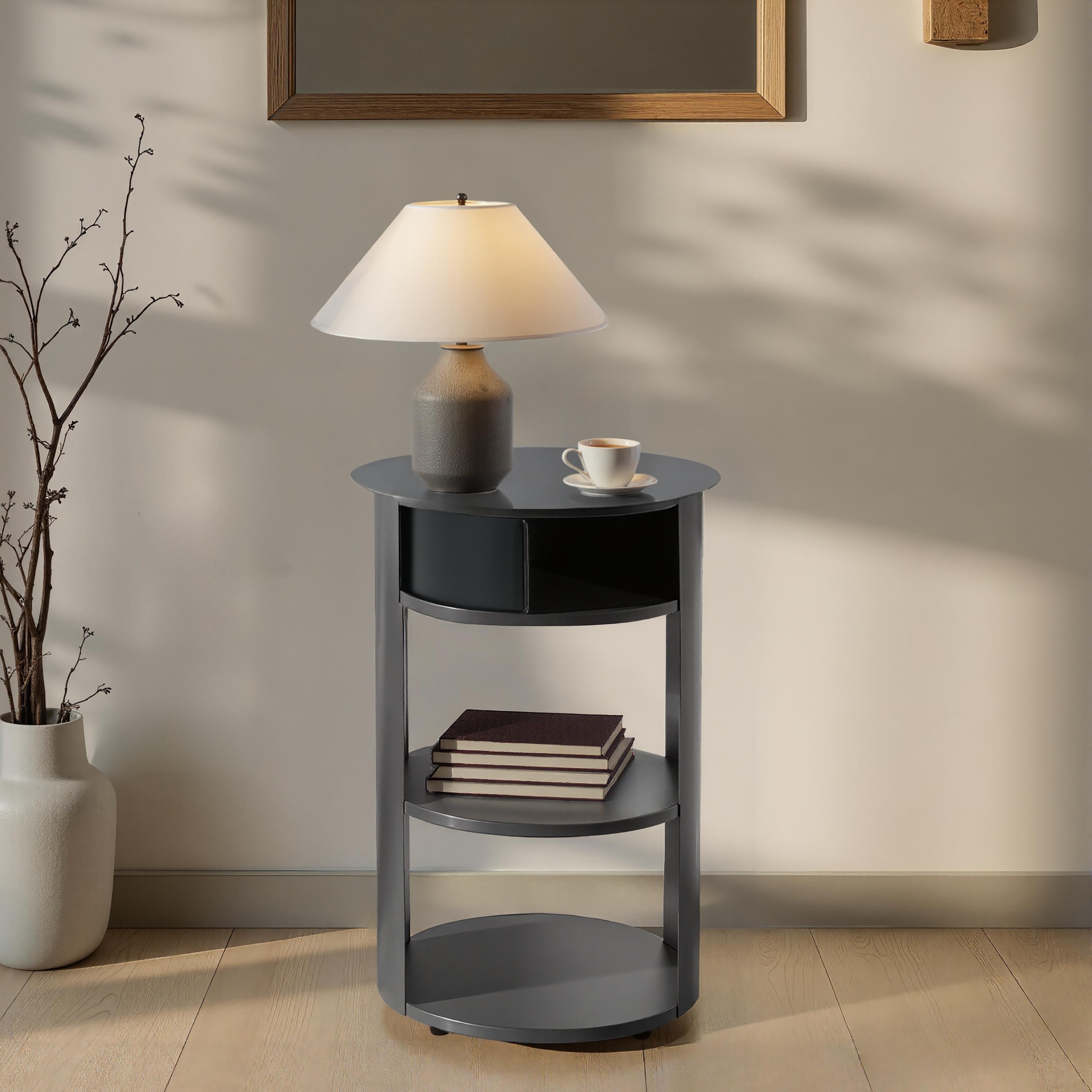 Indoor 3-Tier Metal Round Side Table With Sliding Door Cabinet