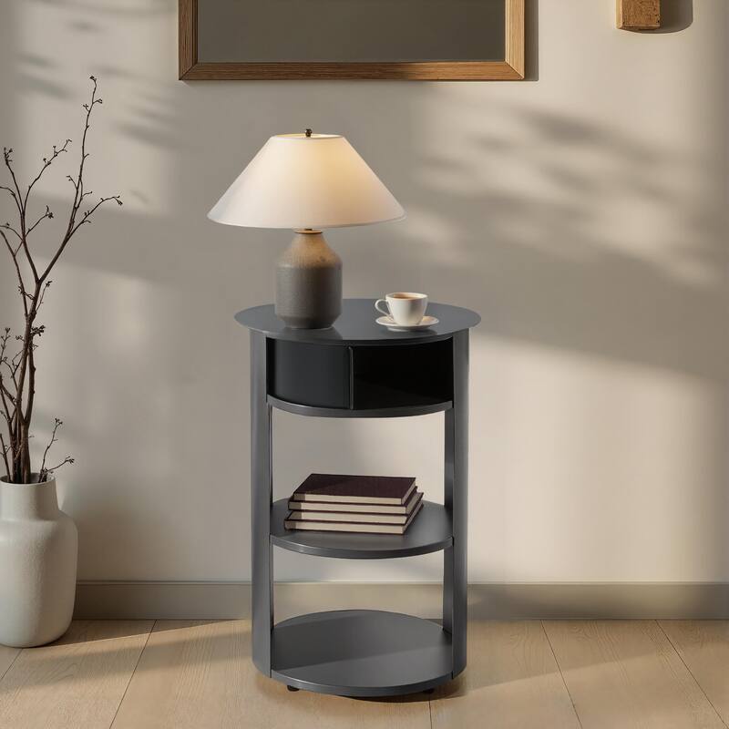 Indoor 3-Tier Metal Round Side Table with Sliding Door Cabinet