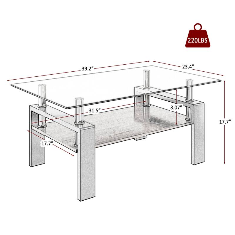 Rectangle Coffee Table, Tempered Glass Tabletop with MDF Layer, Modern Table for Living Room, Brown Glass