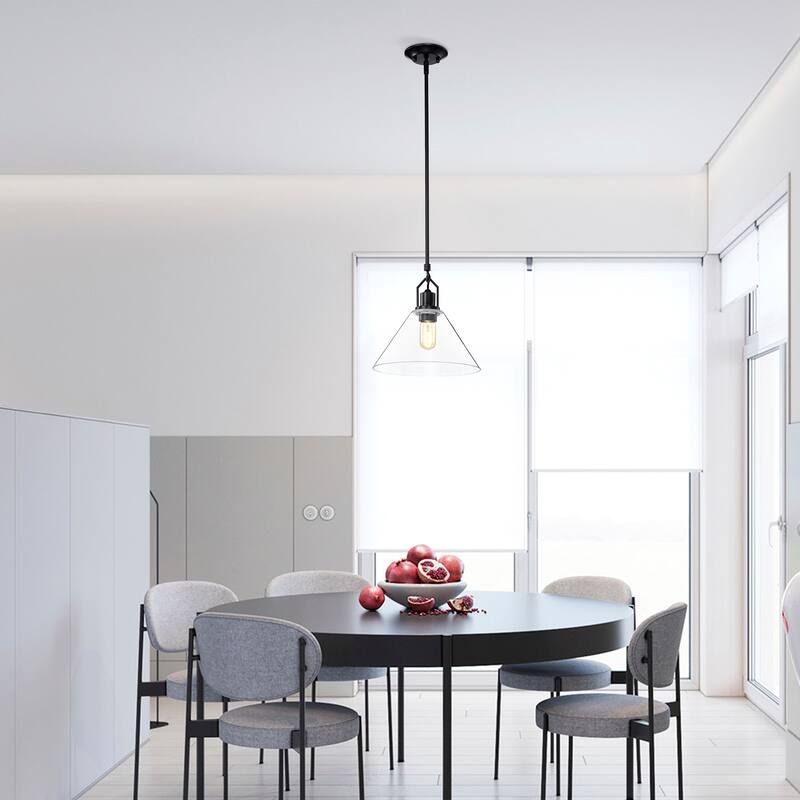 Matte Black 1-Light 12 in. Modern Pendant with Clear Cone Glass Shade