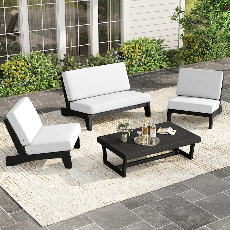 4 Piece Outdoor Wood Loveseat Chair Conversation Set with Cushion