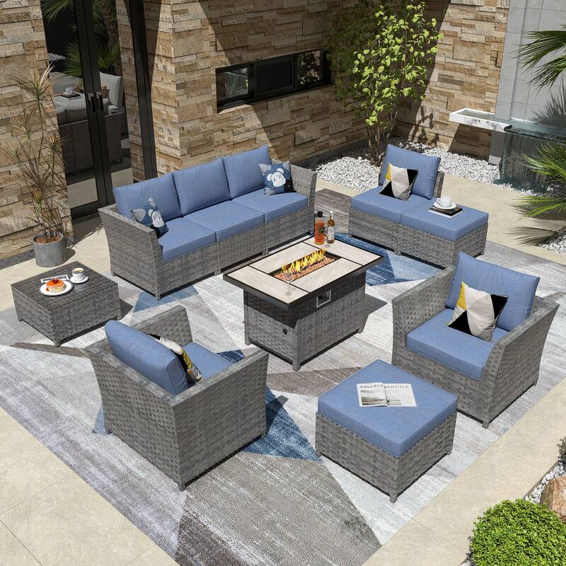 HOOOWOOO 10-piece Outdoor Furniture Rattan Sectional Set with Fire Pit Table. - Denim Blue