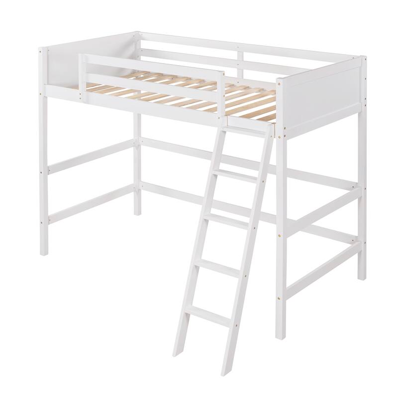 Solid Wood Twin Size Loft Bed with Ladder in White
