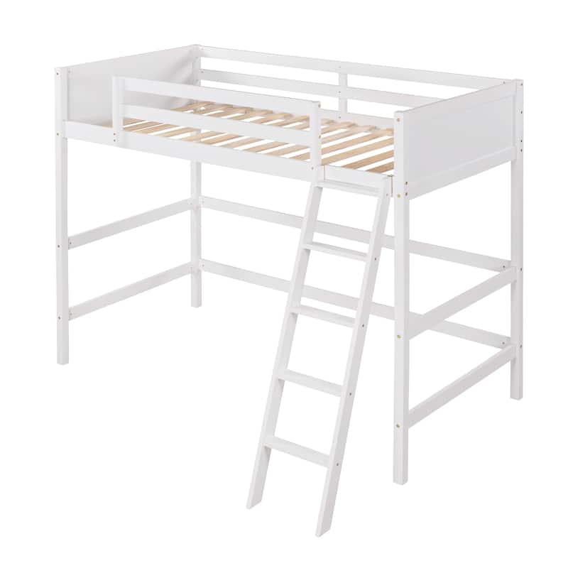 Solid Wood Twin Size Loft bed with Ladder(White)