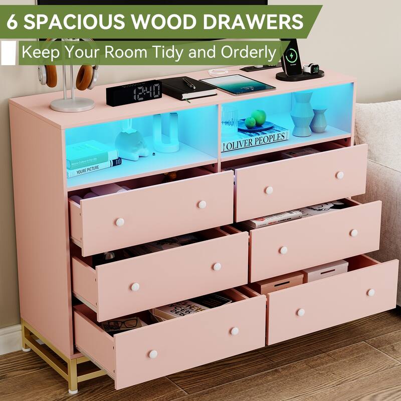 6 Drawer Dresser with LED Lights Modern Large Capacity Storage Cabinet