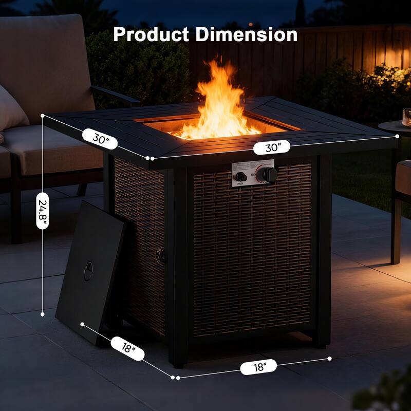 Meyreso 30 in. Square Brown Metal Propane Gas Outdoor Fire Pit Table with Lava Rocks, 50000 BTU
