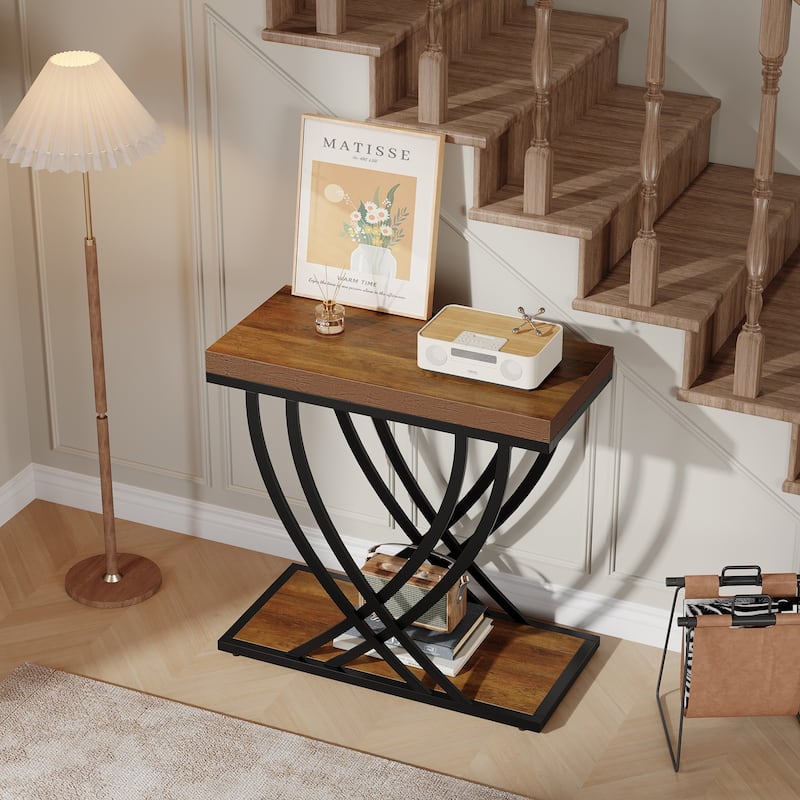 Industrial End Table with Storage, Narrow Small Side Table with Metal Frame