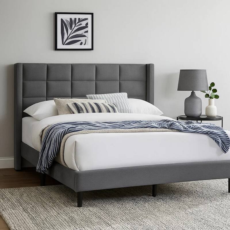 Zensa Full Bed, Light Gray Linen Upholstery, Padded Wing Headboard
