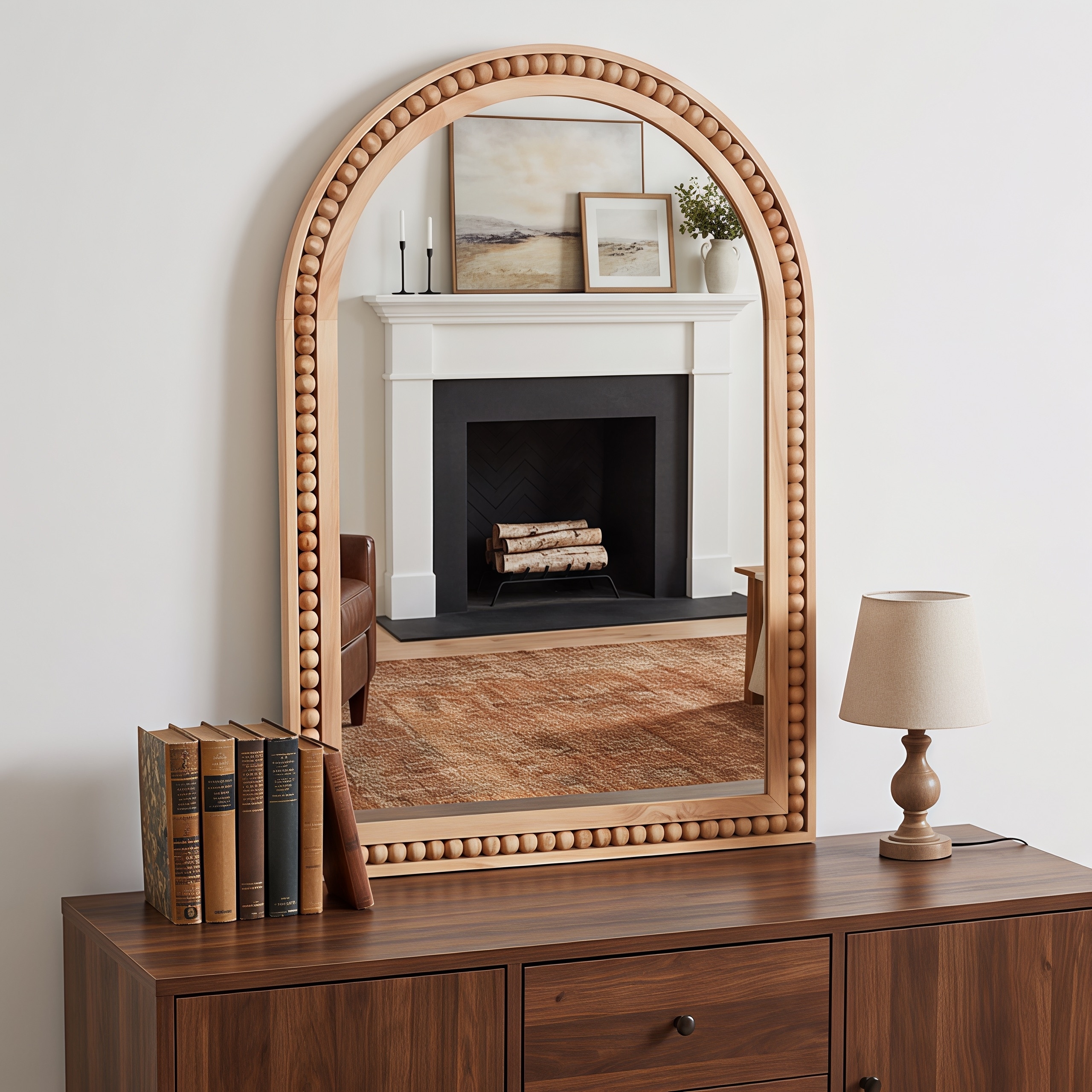 20"×30" Arch Wall Mirror With Beaded Solid Wood Frame, Rustic Farmhouse Decor Mirror for Entryway, Bathroom & Living Room