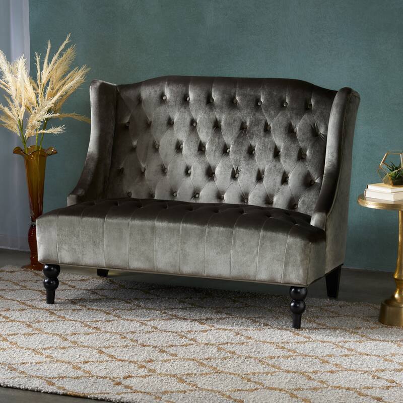Grey Velvet Button Tufted High Wingback Loveseat Sofa - Grey