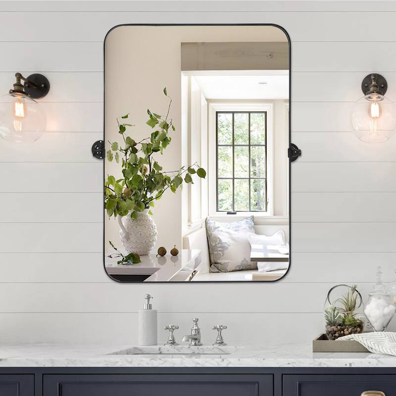 Rectangular Metal Framed Pivoted Bathroom Wall Vanity Mirror Adjustable Wall-Mounted For Modern Wall Decor - 31" x 24" - Black Round Corner